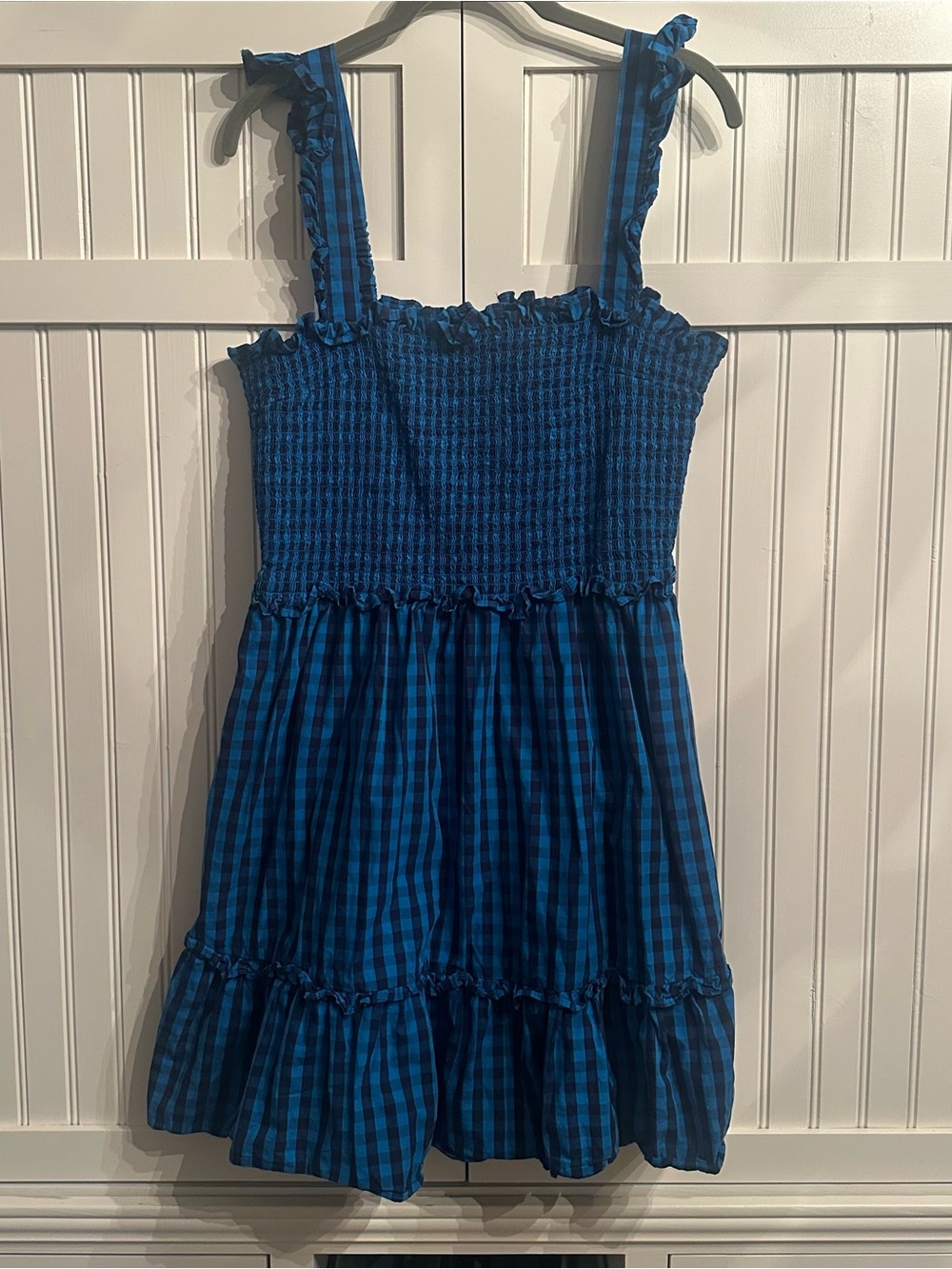 Draper James Blue Gingham Taylor Smocked Ruffle Strap Mini Dress